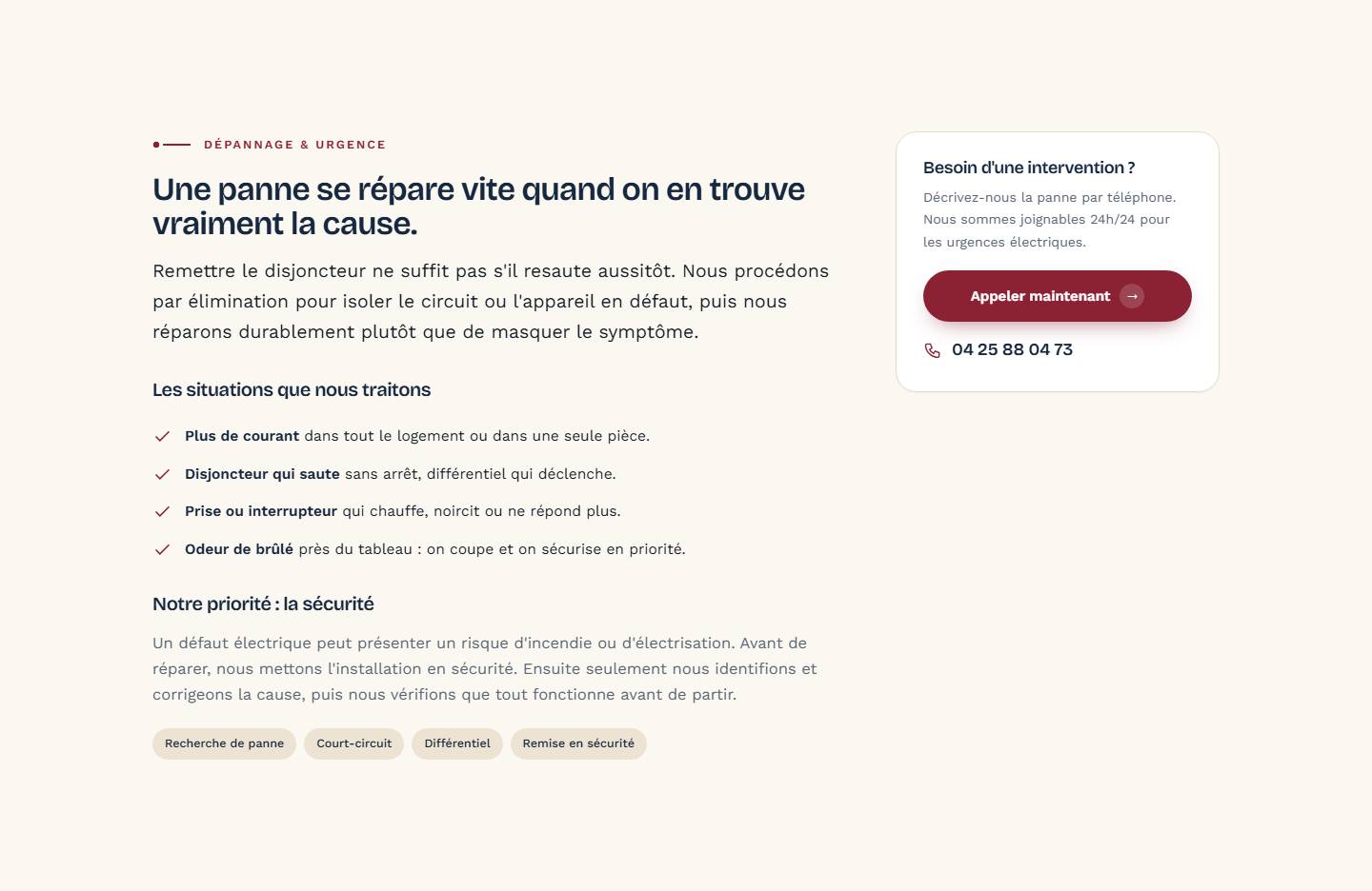 section — Une panne se répare vite quand on en trouve vraiment la cause.