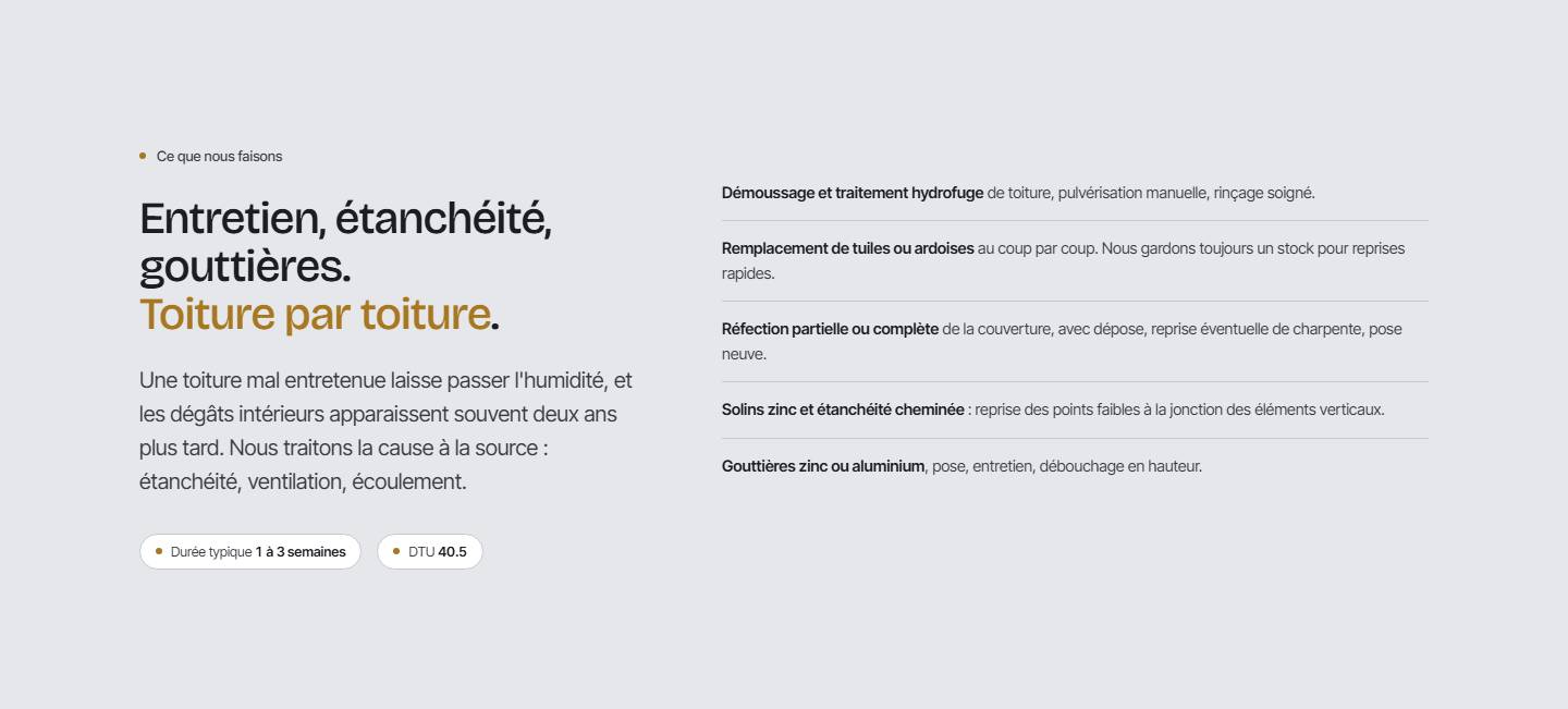 section — Entretien, étanchéité, gouttières.Toiture par toiture.
