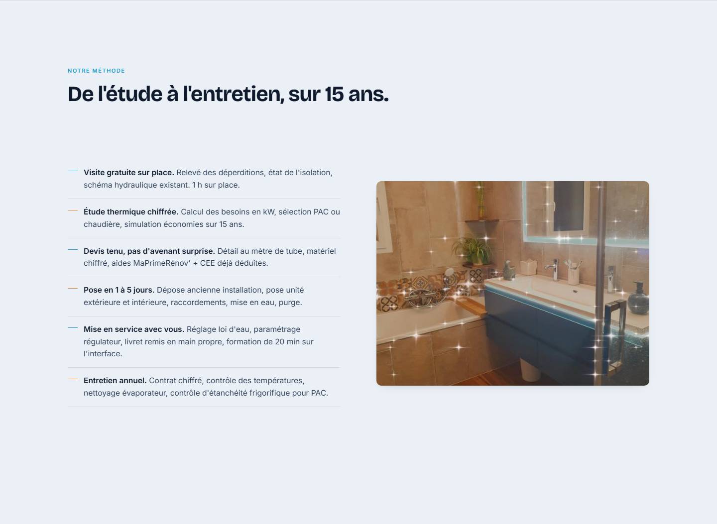 section — De l'étude à l'entretien, sur 15 ans.