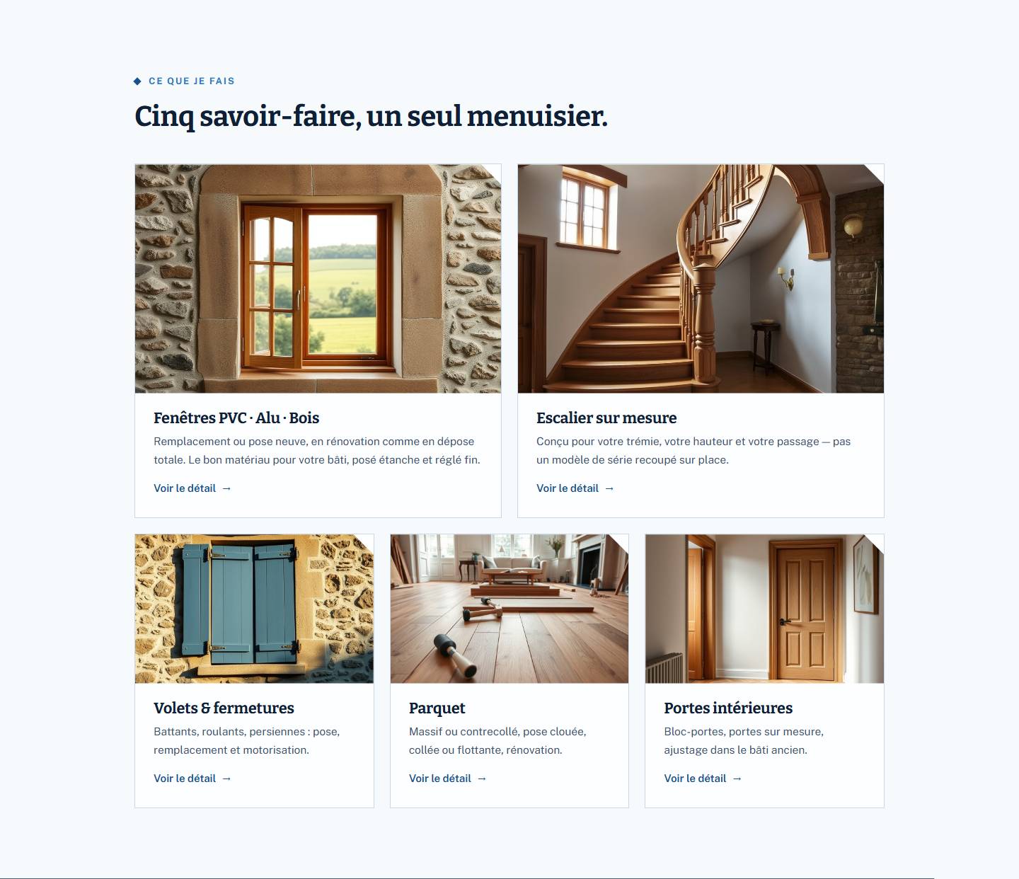 section — Cinq savoir-faire, un seul menuisier.