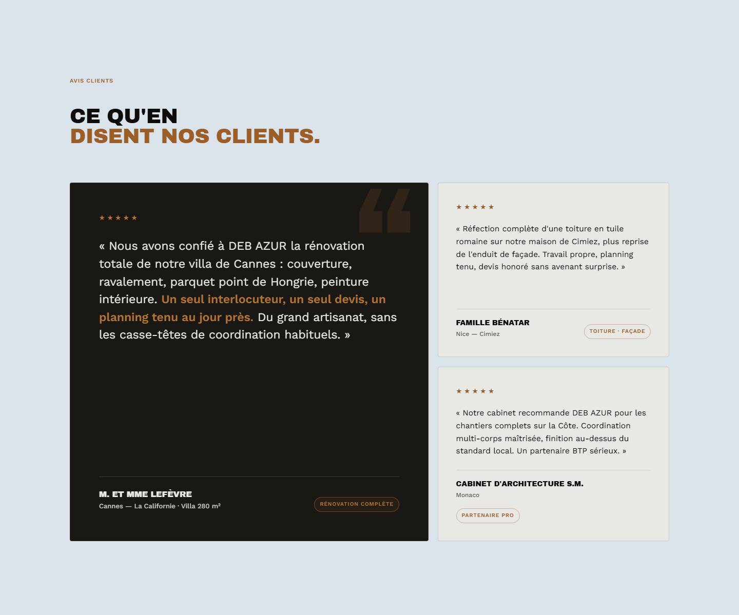 section — Ce qu'en disent nos clients.
