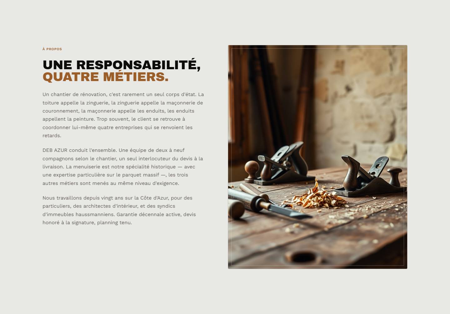 section — Une responsabilité, quatre métiers.