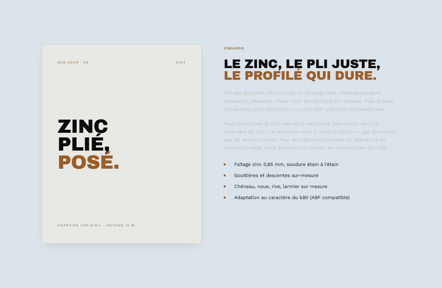 section — Le zinc, le pli juste, le profilé qui dure.