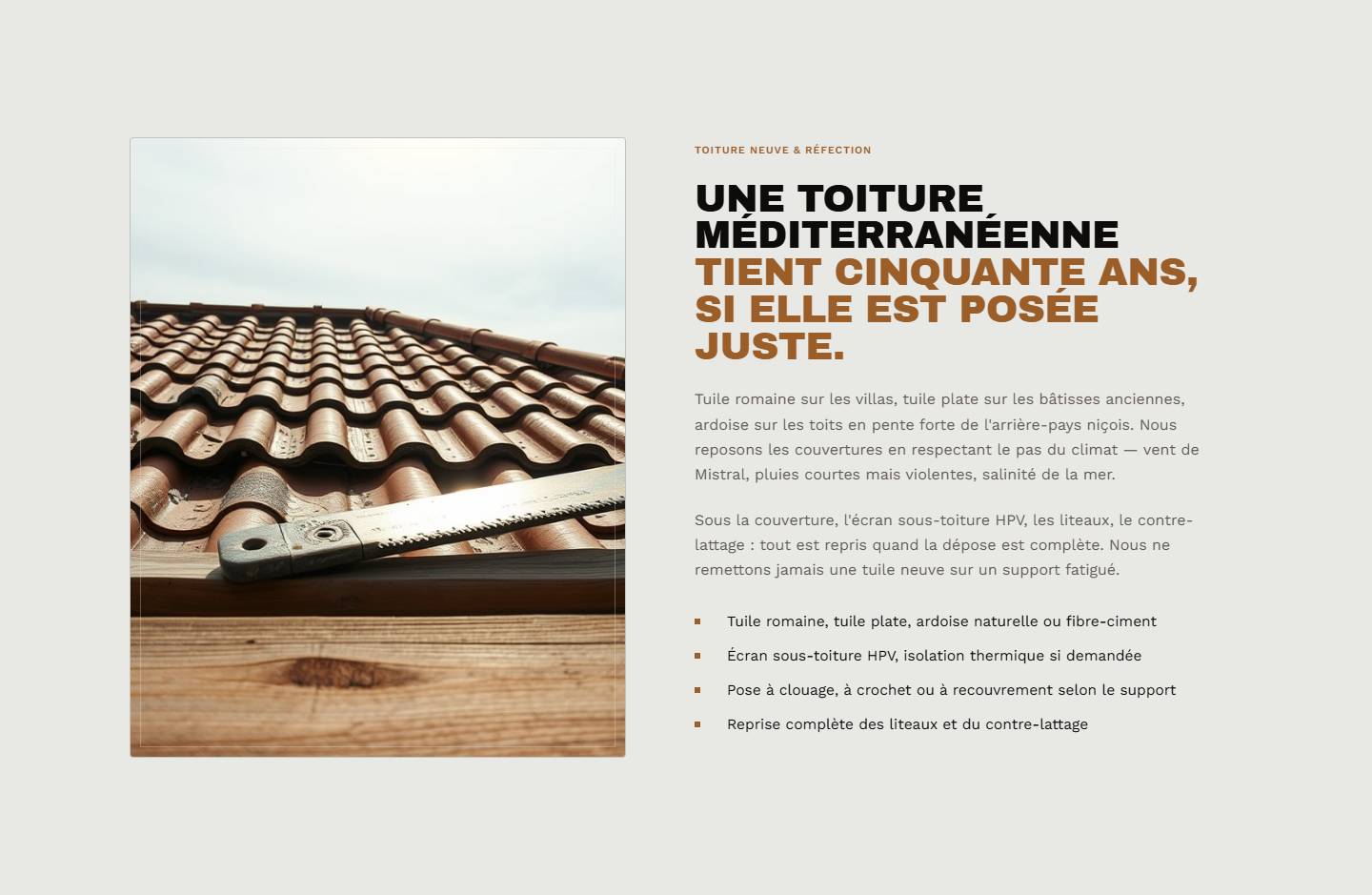 section — Une toiture méditerranéenne tient cinquante ans, si elle est posée juste.