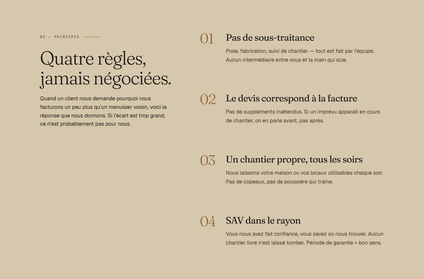 section — Quatre règles, jamais négociées.