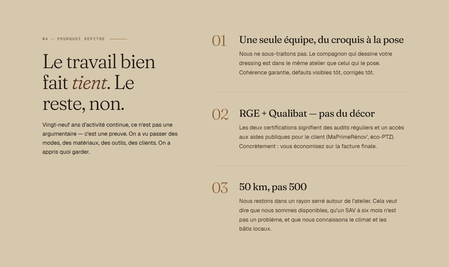 section — Le travail bien fait tient. Le reste, non.