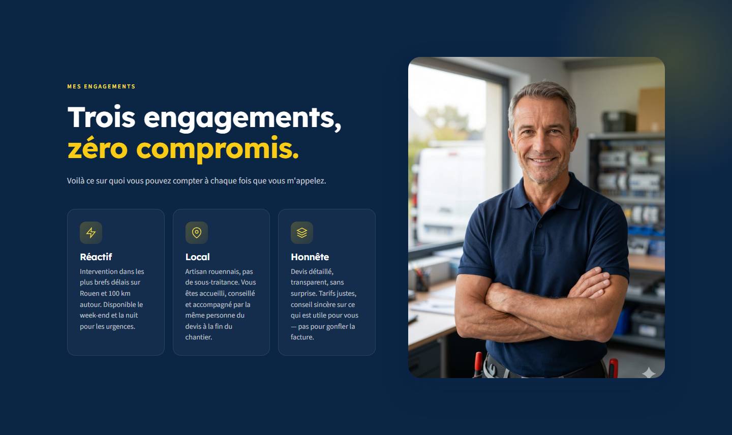 section — Trois engagements,zéro compromis.