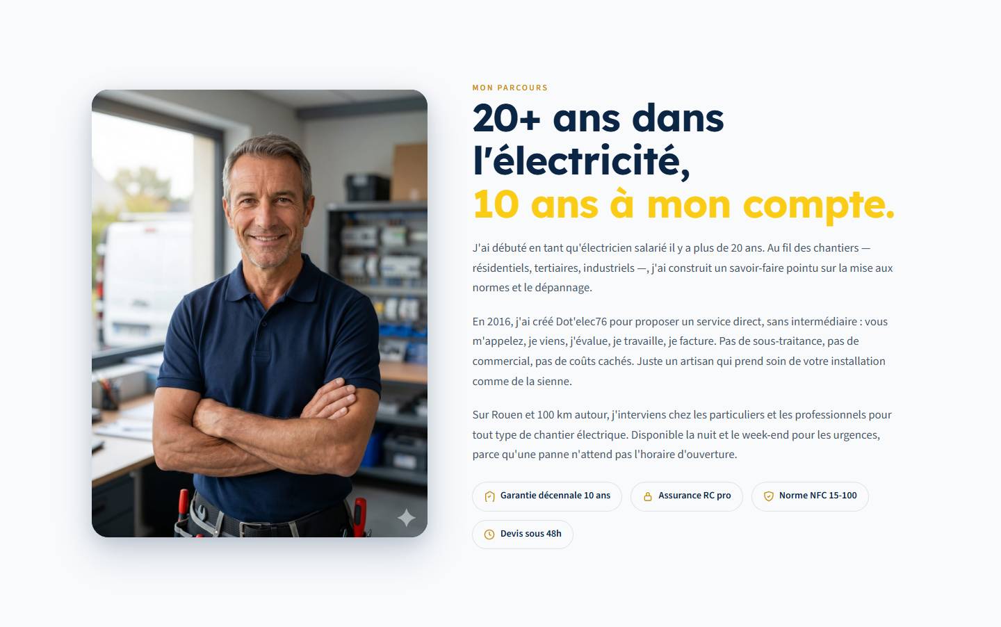 section — 20+ ans dans l'électricité,10 ans à mon compte.