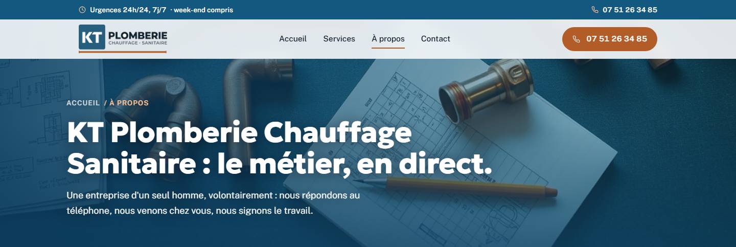 hero — KT Plomberie Chauffage Sanitaire : le métier, en direct.