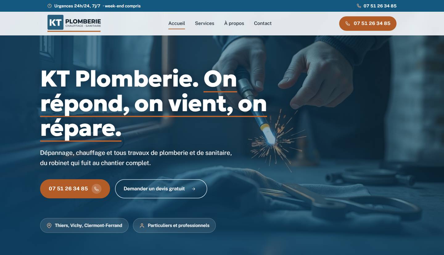 hero — KT Plomberie. On répond, on vient, on répare.