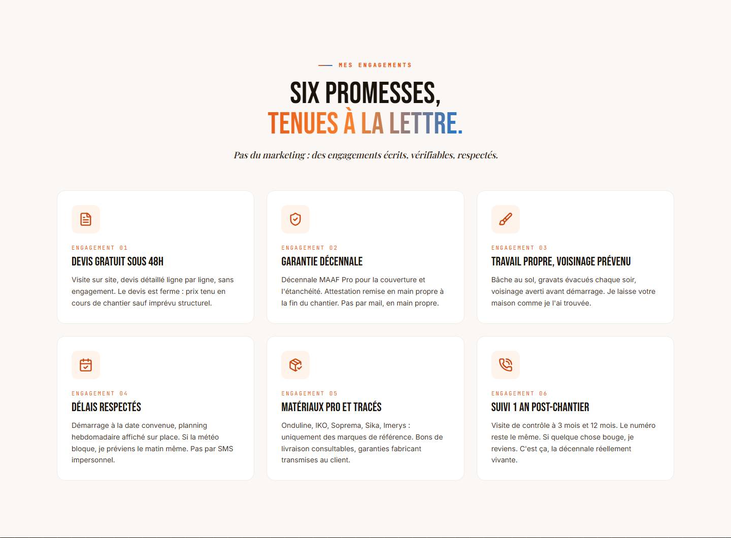 section — Six promesses,tenues à la lettre.