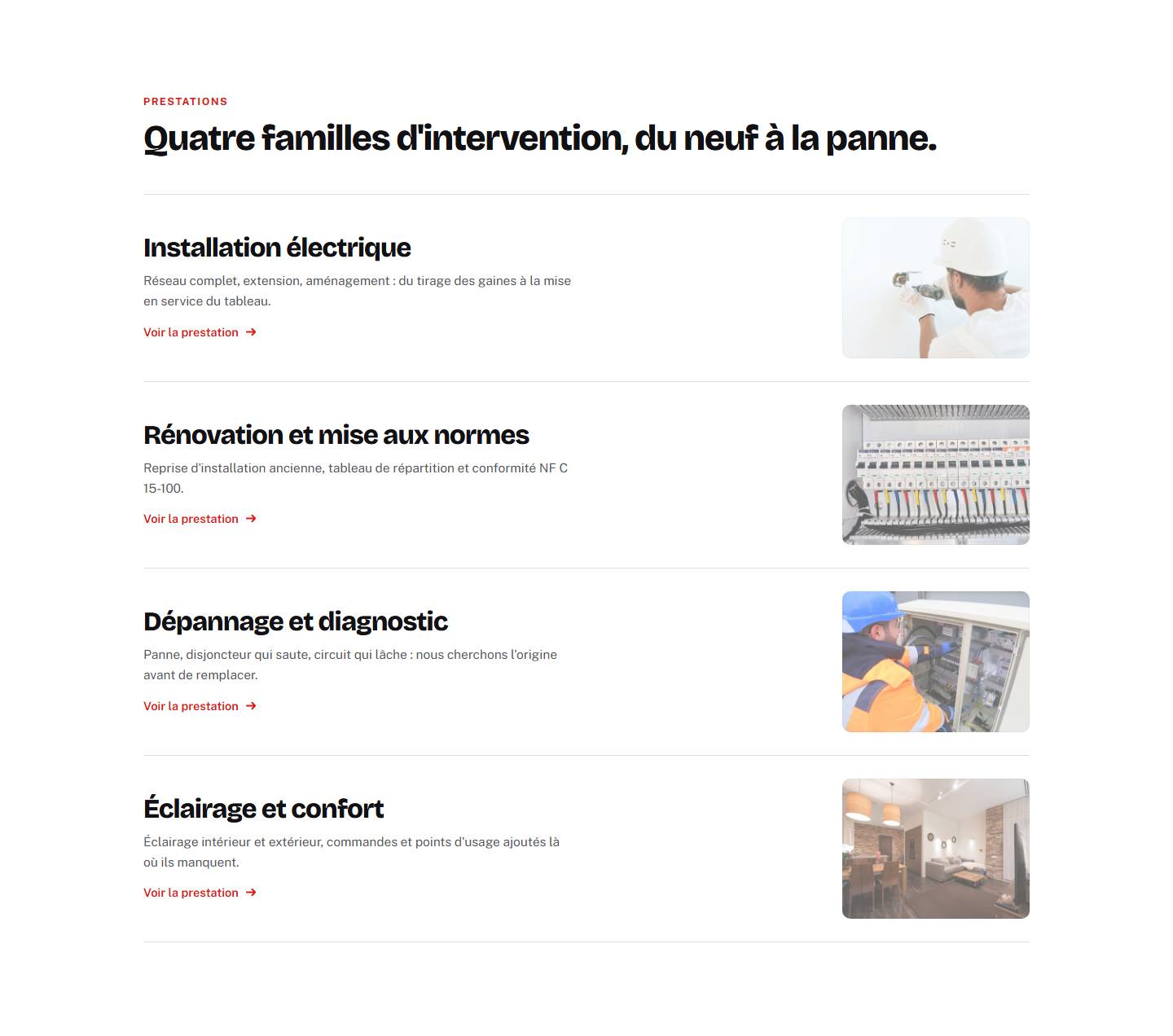 section — Quatre familles d'intervention, du neuf à la panne.
