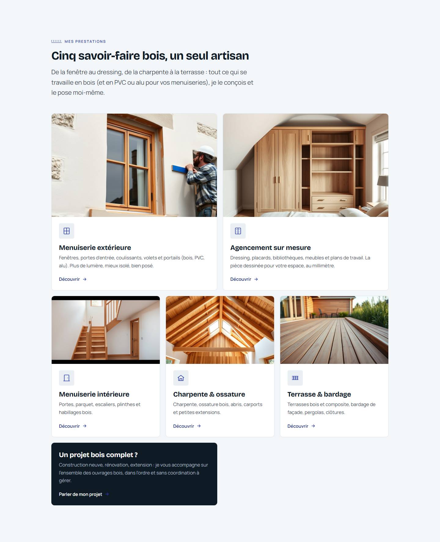 services — Cinq savoir-faire bois, un seul artisan