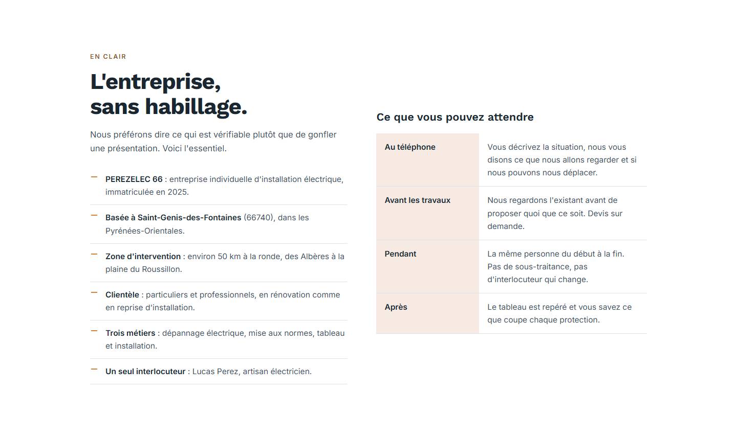 section — L'entreprise, sans habillage.