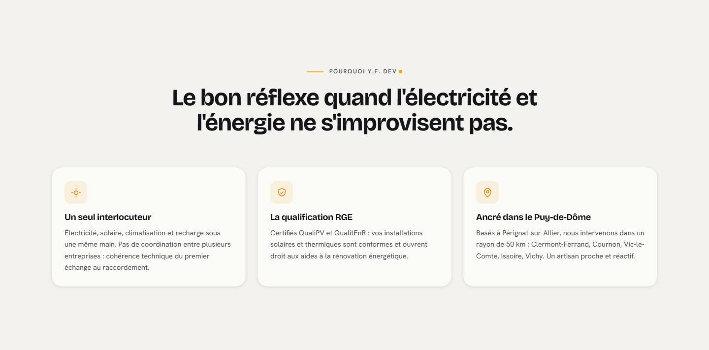 section — Le bon réflexe quand l'électricité et l'énergie ne s'improvisent pas.